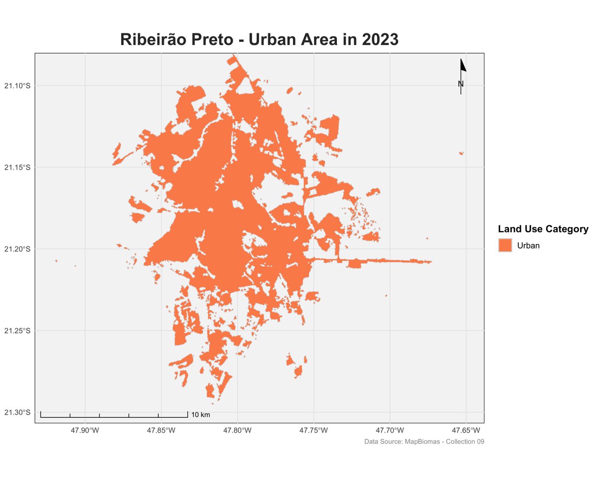 TPLobo's tweet photo. Today I learned how much Ribeirão Preto (SP) has changed! Inspired by @MapBiomas' urban land use study, I downloaded the raw data and mapped my hometown. Left: urban area in 2023. Right: the same area back in 1985, when agriculture dominated the landscape! https://t.co/BnMIPuOLkt