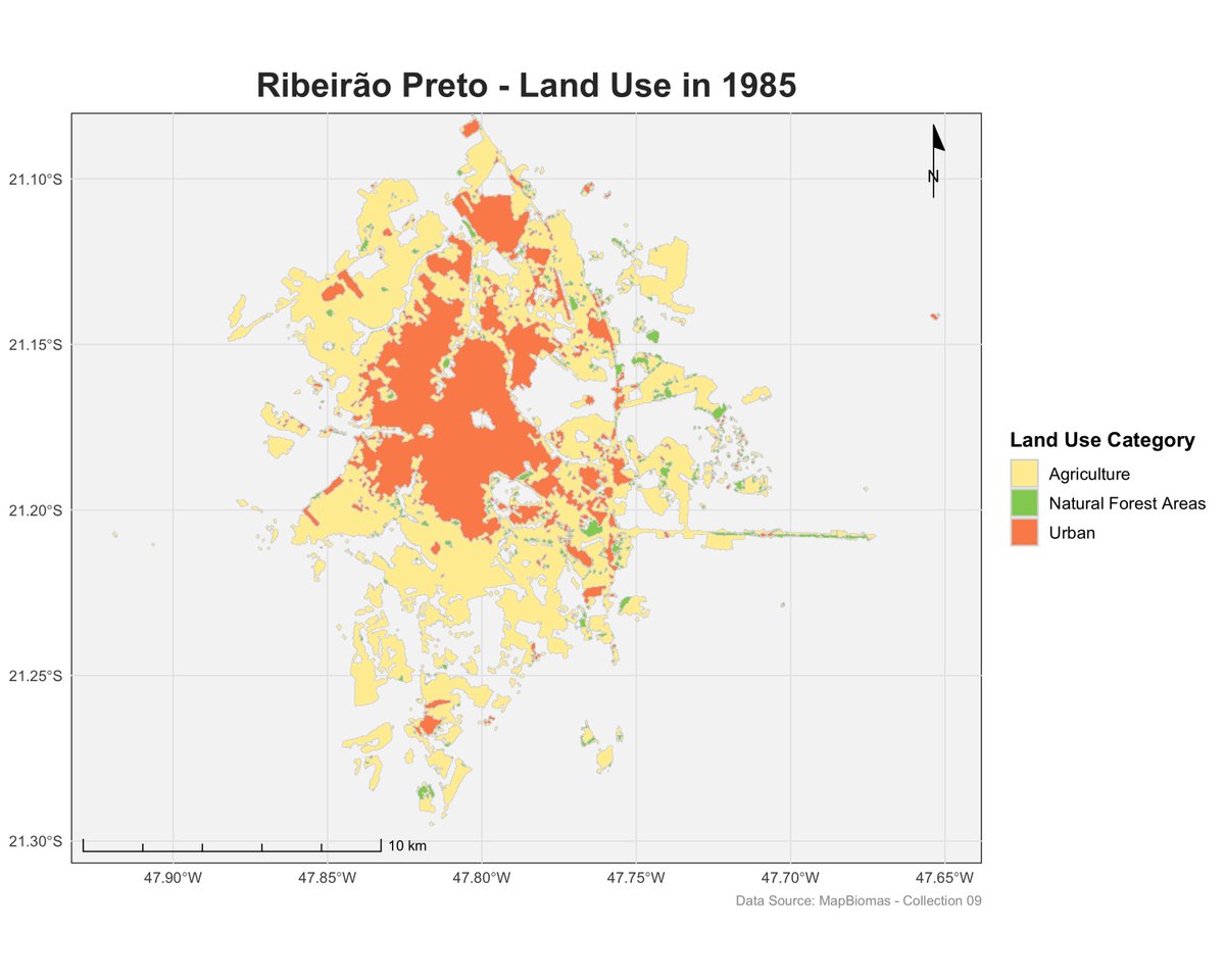 TPLobo's tweet photo. Today I learned how much Ribeirão Preto (SP) has changed! Inspired by @MapBiomas' urban land use study, I downloaded the raw data and mapped my hometown. Left: urban area in 2023. Right: the same area back in 1985, when agriculture dominated the landscape! https://t.co/BnMIPuOLkt