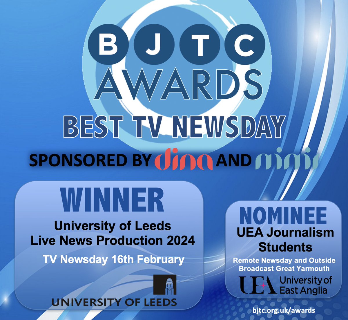 Congratulations! 

BJTC Journalism Award #bjtcawards 

BEST TV NEWSDAY winners University of Leeds Live News Production 2024 - <a href="/Leedsnewsdays/">News@Leeds</a> and runners up <a href="/UEA_journalism/">UEA Journalism</a> Remote Newsday and Outside Broadcast Great Yarmouth 

See more bjtc.org.uk/awards