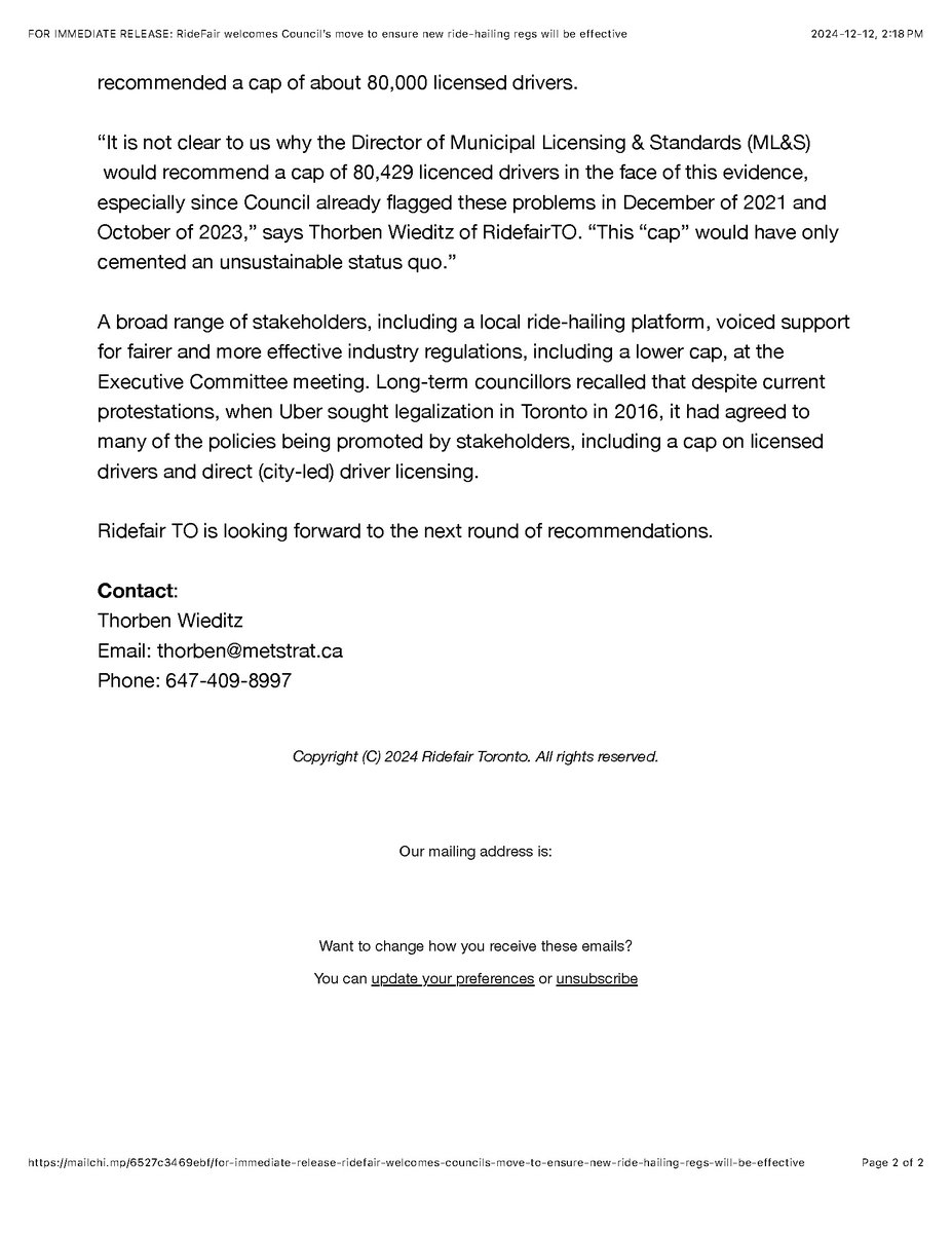 RideFair welcomes Council’s move to ensure new ride-hailing regs protect transit, tackle emissions and congestion and protect consumers and riders

Toronto, ON, Dec 11, 2024 –  RideFairTO, a sustainable transportation not-for-profit, welcomes the Mayor’s efforts to ensure ...