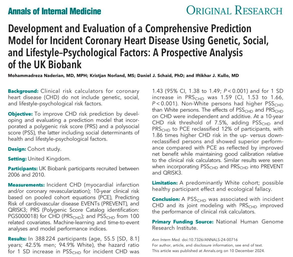 Naderian_mr's tweet photo. 1/3
📊 Excited to share our latest publication in @AnnalsofIM from @MayoClinic_KLab, @iftikhar_kullo, as a step toward a more personalized risk prediction for CHD 🫀

https://t.co/OoR5bSMqva https://t.co/YUe8ubk1l2