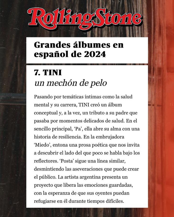 ✨ Felicitamos a <a href="/TiniStoessel/">tini</a> por 
💿 Un Mechón De Pelo 🩵 al ser reconocido como uno de los mejores dentro de la lista “Grandes Álbumes en Español de 2024” para la revista <a href="/rollingstoneEE/">Rolling Stone En Español</a> 🔥

open.spotify.com/album/3wOG84Rk…