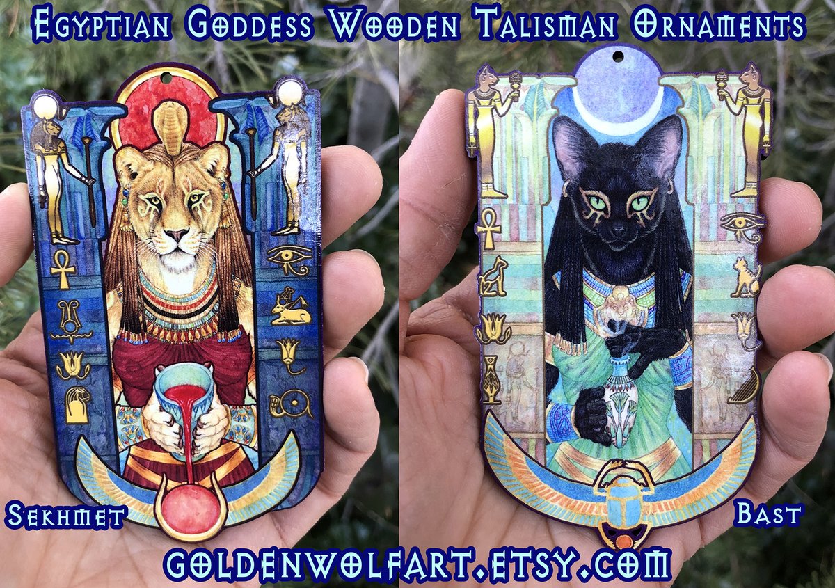 Goldenwolfen's tweet image. NEW #Bast and #Sekhmet altar talismans/ornaments! 🌟
These are 4" laser cut cherry wood and are 3x as big as their pendants. They will make great focal pieces for your #altar, or as #ornaments for your wall or tree 🎄

More info in 🧵

#egyptiangoddess #paganism #kemetism