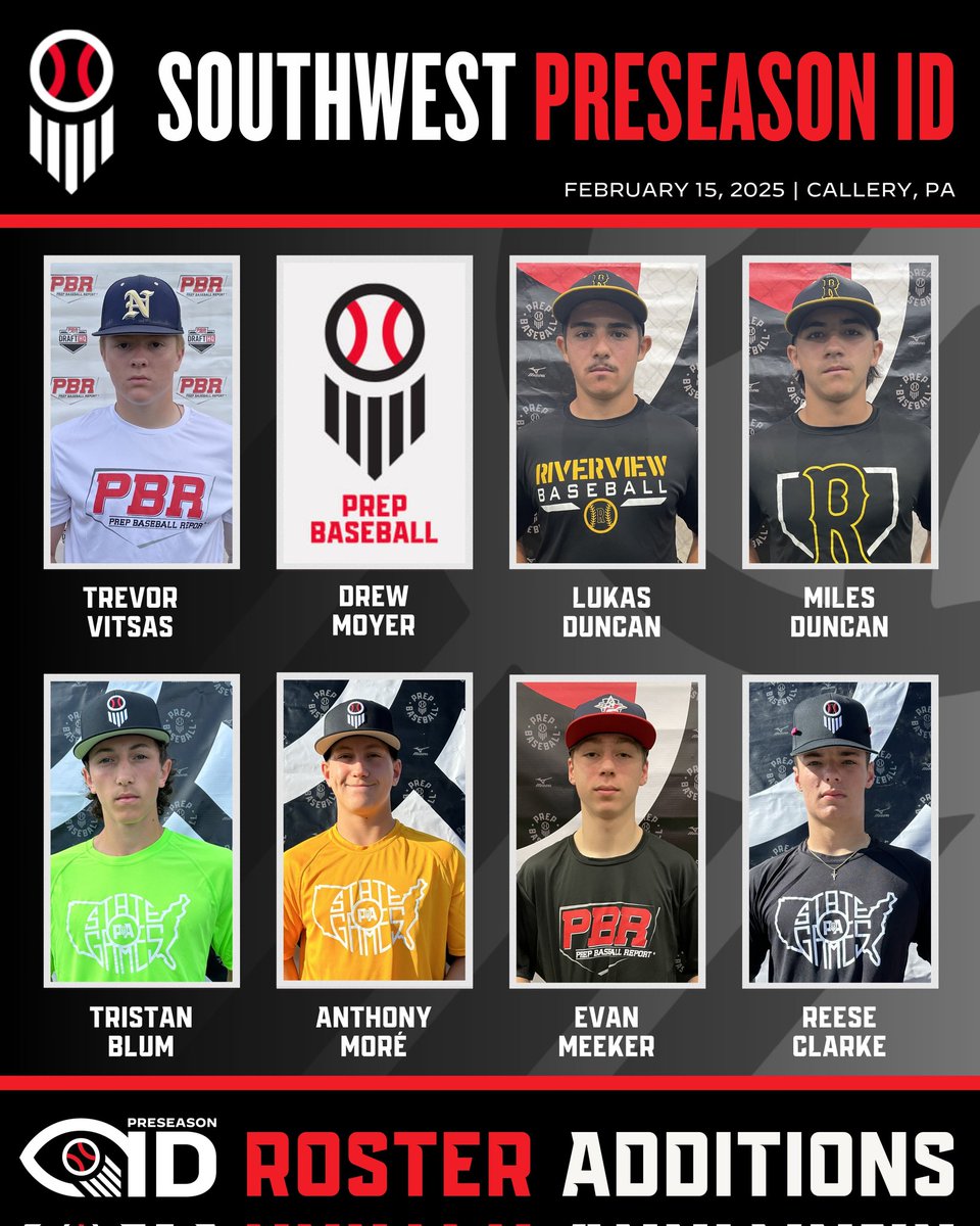Prep Baseball Pennsylvania (@prepbaseballpa) on Twitter photo Please welcome the following players to our Southwest Preseason ID event. (PA State Games Trials)
📅Feb 15
📍Callery, PA
🙋♂️ 2026-2028 grads
Register 🔗 loom.ly/RL1QVf8
Who's next ‼️?
<a href="/Reese_clarke12/">Reese Clarke</a> <a href="/AnthonyMore24/">Anthony More</a> <a href="/TristanBlum8/">Tristan Blum</a> <a href="/MilesDuncan2027/">Miles Duncan</a> <a href="/LukasDuncan2027/">Lukas</a> Please welcome the following players to our Southwest Preseason ID event. (PA State Games Trials)
📅Feb 15
📍Callery, PA
🙋♂️ 2026-2028 grads
Register 🔗 loom.ly/RL1QVf8
Who's next ‼️?
<a href="/Reese_clarke12/">Reese Clarke</a> <a href="/AnthonyMore24/">Anthony More</a> <a href="/TristanBlum8/">Tristan Blum</a> <a href="/MilesDuncan2027/">Miles Duncan</a> <a href="/LukasDuncan2027/">Lukas</a>
