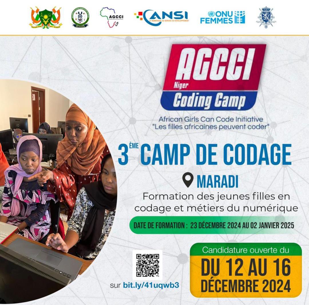 🚀 Les inscriptions pour le camp de codage AGCCI-3 sont ouvertes à #Maradi !

🌍 Destiné aux jeunes filles de 17 à 25 ans des régions de Maradi, Tahoua, Zinder, Diffa, et Agadez.
🎯 Apprenez le codage, stimulez votre créativité et boostez vos opportunités dans le tech.