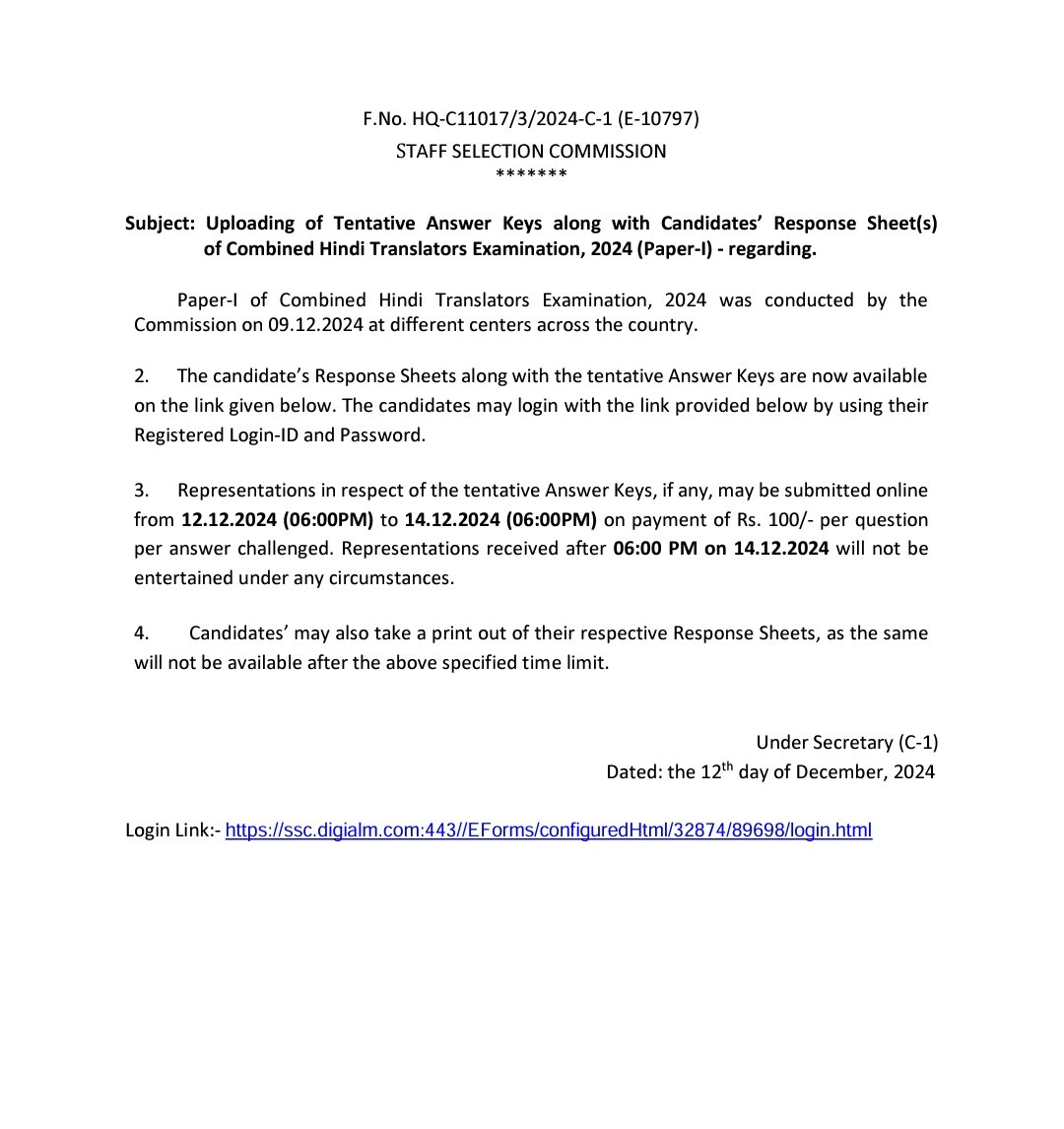 SSCorg__in's tweet photo. Uploading of Tentative Answer Keys along with Candidates’ Response Sheet(s) of Combined Hindi Translators Examination (Paper-I) - 2024. https://t.co/KF6B2KMdHS
