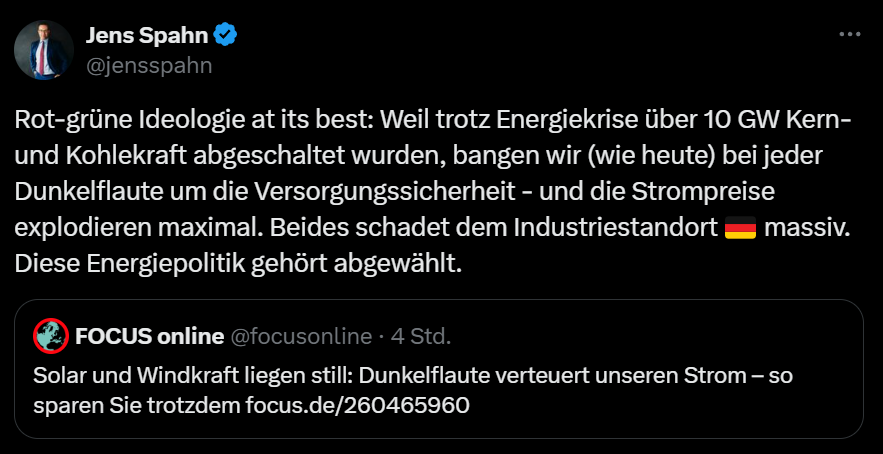 DraconTV's tweet photo. Paar Fakten bezüglich des kognitiv unmöbilierten Knicklichts:

Jens Spahn und die CDU haben mit dem "Gesetz zur Reduzierung und zur Beendigung der Kohleverstromung"  2020 und der "Änderung des Atomgesetzes" 2011 die aktuelle Knappheit mit ausgelöst.

Dazu hat diese faktenfreie Partei bei den Alternativen für den Netzausbau und Aspekte wie Vehicle 2 Grid oder Smart Meter Rollout über 10 Jahre Fortschritt vergeigt.

Top Arbeit.

Eine Frechheit, wie diese Steuergeldverschwender und Lügner auch nur ansatzweise irgendwas zu melden haben und es traurigerweise für solche scheinheilige Heuchler keine Konsequenzen zu geben scheint.
