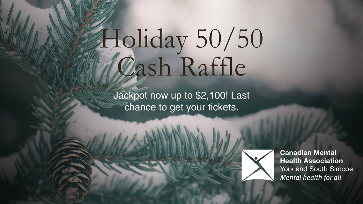 Last chance! Our Holiday 50/50 Cash Raffle has surpassed $2,100 and closes TOMORROW. Every ticket purchased enters you into a chance to win 50% of the jackpot all while supporting essential mental health services. Make a difference this holiday season. rafflebox.ca/raffle/cmha-yr…