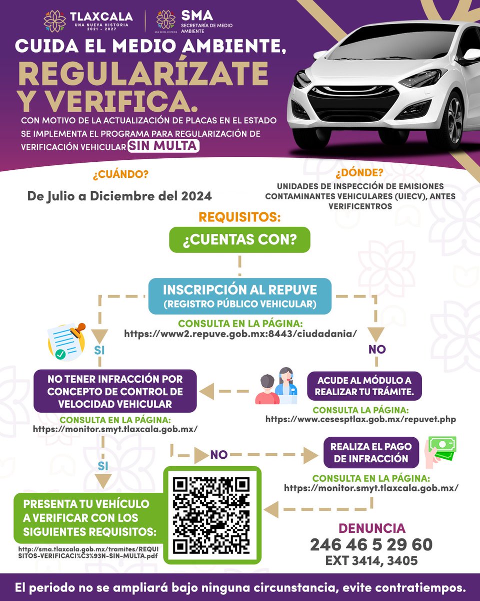 🌿 Regularízate y verifica

🚘 Realiza tu verificación extemporánea sin pagar multa

#UnaNuevaHistoria 🔷 #GobiernoDeTlaxcala