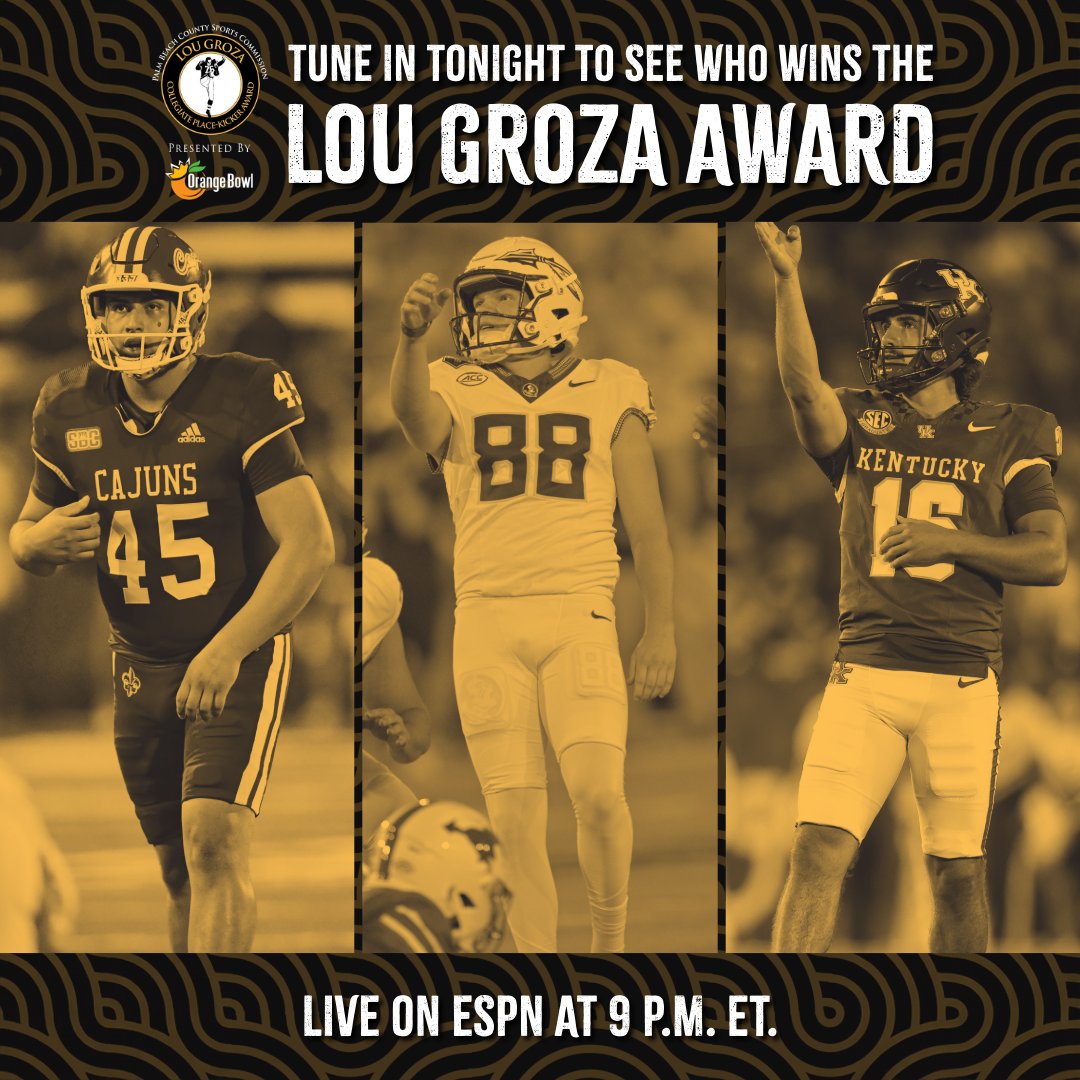 It all comes down to this 🏆

Tune in live tonight to ESPN at 9 p.m. as the Lou Groza Award winner is announced. Kenneth Almendares (<a href="/RaginCajunsFB/">Louisiana Ragin’ Cajuns® Football</a>), Ryan Fitzgerald (<a href="/FSUFootball/">FSU Football</a>), and Alex Raynor (<a href="/UKFootball/">Kentucky Football</a>) are contending for the 33rd annual award presented by <a href="/OrangeBowl/">Capital One Orange Bowl</a>