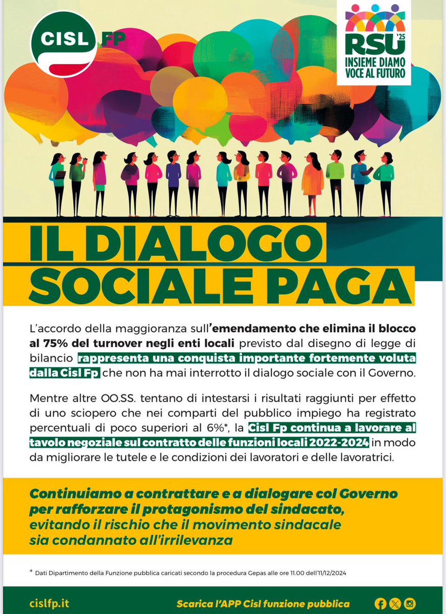 CISLFPSICILIA's tweet image. ✍️ Con @CISLFPSICILIA il #dialogo sociale paga: eliminato il blocco al 75% del turnover negli #entilocali. Con #contrattazione e #partecipazione conquistiamo più opportunità per le lavoratrici e i lavoratori .

Unisciti alla nostra comunità sindacale fpcislsicilia.it