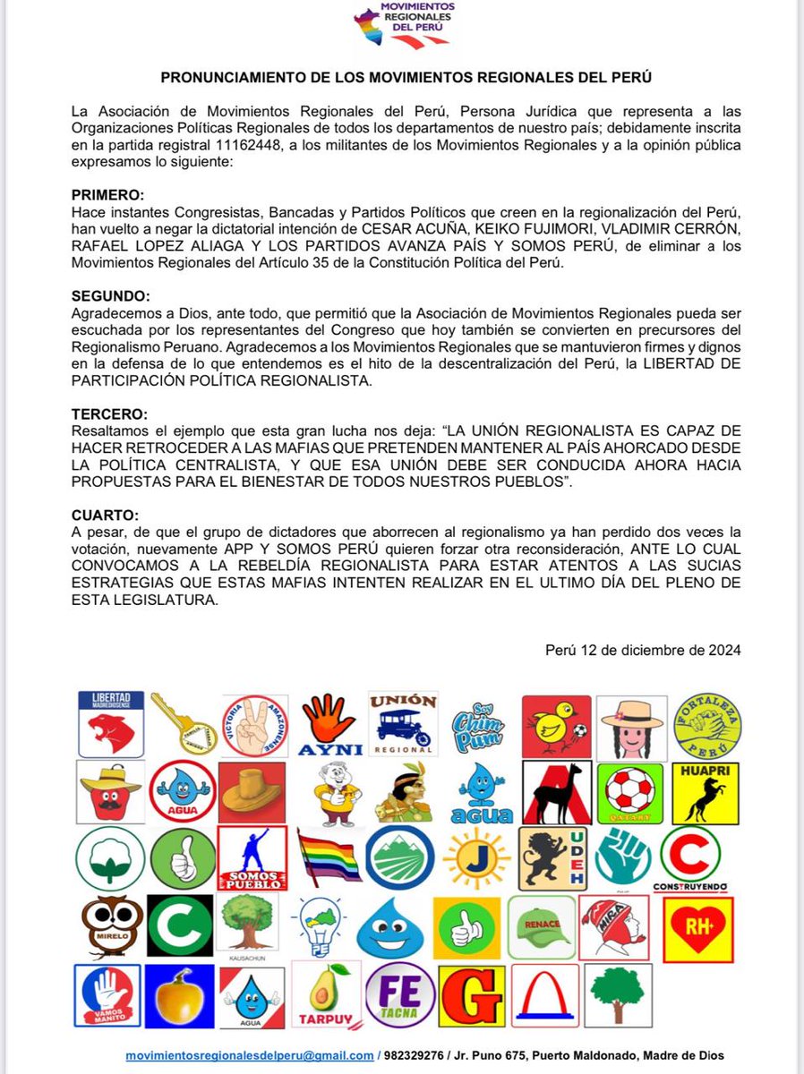 Asociación de Movimientos Regionales del Perú (@movregionales) on Twitter photo <a href="/MovRegionales/">Asociación de Movimientos Regionales del Perú</a> lucharon y lucharán por mantener la Libertad de Participación Política Regionalista. El desarrollo del País no debe estar sujeto a las mafias que pretende que el Perú se siga manejando desde sus intereses! <a href="/MovRegionales/">Asociación de Movimientos Regionales del Perú</a> lucharon y lucharán por mantener la Libertad de Participación Política Regionalista. El desarrollo del País no debe estar sujeto a las mafias que pretende que el Perú se siga manejando desde sus intereses!