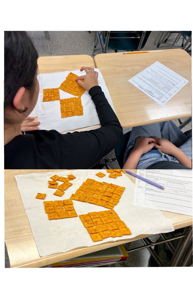 mhelladisla's tweet photo. 7th graders explored the Pythagorean Theorem with two hands-on tasks! 🔺📏
1️⃣ Building squares on each side length of a triangle and cutting square grids to uncover the relationship.✂️⬜️
2️⃣ Using Cheez-It to prove right triangles—making math so cheesy and so right! 🧀📐 😊 https://t.co/YT4l29hJkD