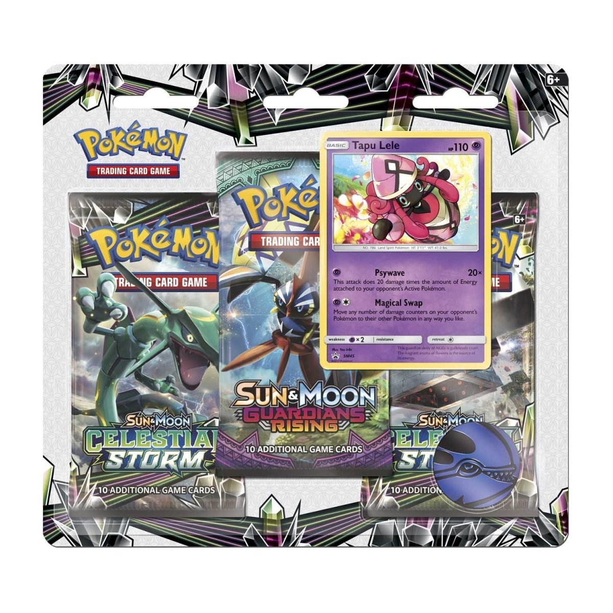 Unreleased products:

The Tapu Lele Pin Collection was originally scheduled for release in October of 2017, and featured a new unique promo card of Tapu Lele.

This card would later be released in 2018 in 1/2 Celestial Storm 3 Pack Blister products.