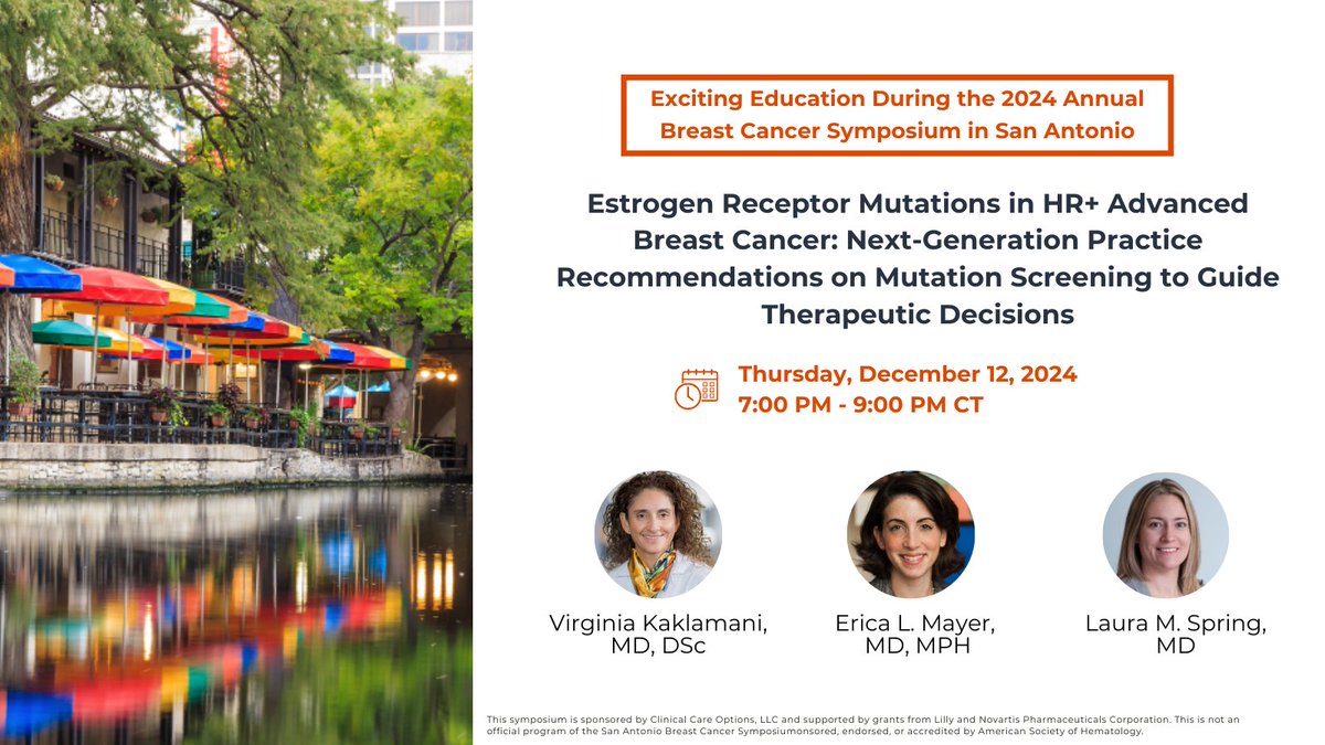 MGH Breast Oncology (@mghbreastonc) on Twitter photo ποΈ Today 7PM CT | <a href="/CCO_Education/">Clinical Care Options</a> CME-certified symposium bit.ly/4f7JlVh | #SABCS24
Dr. Laura Spring will join <a href="/VKaklamani/">VIRGINIA KAKLAMANI</a> & <a href="/elmayermd/">Erica Mayer</a> to discuss ER mutations in HR+ advanced #breastcancer, including mutation screening to guide therapeutic decision-making with SERDs ποΈ Today 7PM CT | <a href="/CCO_Education/">Clinical Care Options</a> CME-certified symposium bit.ly/4f7JlVh | #SABCS24
Dr. Laura Spring will join <a href="/VKaklamani/">VIRGINIA KAKLAMANI</a> & <a href="/elmayermd/">Erica Mayer</a> to discuss ER mutations in HR+ advanced #breastcancer, including mutation screening to guide therapeutic decision-making with SERDs