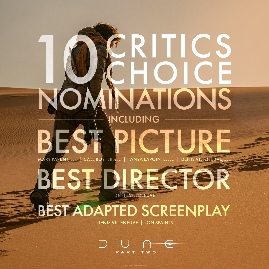 dunemovie's tweet image. #DuneMovie is now nominated for 10 @CriticsChoice Awards. Congratulations to the team on receiving the following nominations!
- Best Picture
- Best Director
- Best Adapted Screenplay
- Best Cinematography
- Best Editing
- Best Costume Design
- Best Production Design
- Best Hair &amp;amp;…