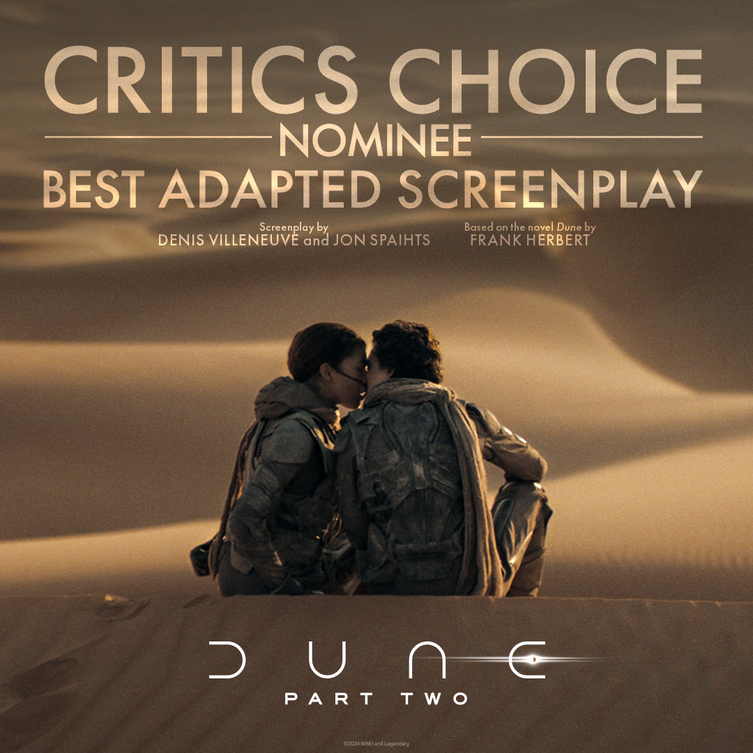 dunemovie's tweet image. #DuneMovie is now nominated for 10 @CriticsChoice Awards. Congratulations to the team on receiving the following nominations!
- Best Picture
- Best Director
- Best Adapted Screenplay
- Best Cinematography
- Best Editing
- Best Costume Design
- Best Production Design
- Best Hair &amp;amp;…