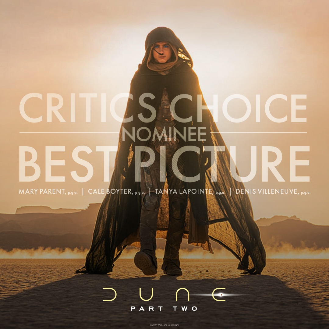 dunemovie's tweet image. #DuneMovie is now nominated for 10 @CriticsChoice Awards. Congratulations to the team on receiving the following nominations!
- Best Picture
- Best Director
- Best Adapted Screenplay
- Best Cinematography
- Best Editing
- Best Costume Design
- Best Production Design
- Best Hair &amp;amp;…