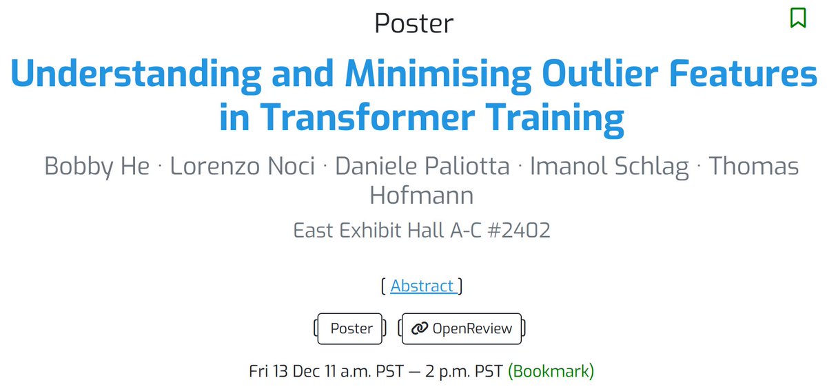 Come by poster #2402 East hall at NeurIPS from 11am-2pm Friday  to chat about why outlier features emerge during training and how we can prevent them!