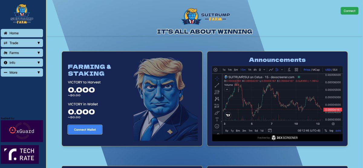 SUITRUMPCOIN's tweet photo. Good morning, folks! Tremendous updates today! The first designs for the SUITRUMP FARM website have arrived, and I must say—they’re fantastic, truly incredible! Here’s a sneak peek! Our outstanding code team is now working on the VICTORY reward token and finalizing the block emissions for SUITRUMP FARM. Big, important work! 😀

On the marketing front, I’ve secured a deal with an exceptional marketing team—proven winners who’ve achieved tremendous success with other passive income protocols. The Marketing push will begin once we are ready to launch the farm. Don't forget how much SUITRUMP we will be burning! Buying and holding SUITRUMP now could offer significant returns once we begin reducing the supply through token burns. 🔥

BIG THINGS are happening, folks. You’re going to love it!

#Trump #SUI #SUITRUMP