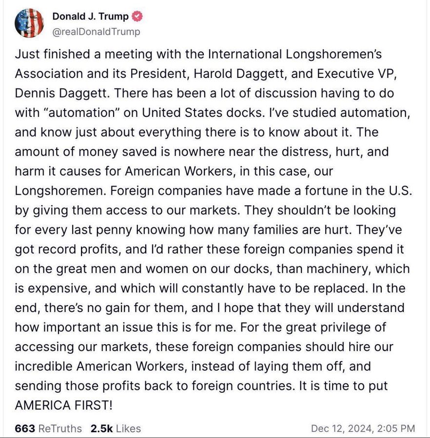 GaryWinslett's tweet photo. There will be a set of Dems who think the response to this is to join Trump in pandering to Luddites. 
I take the opposite view. 

Refusing to automate ports amounts to a tax on everyone else for the benefit of a tiny politically favored few. 
The word for that is cronyism. https://t.co/Dlw9JvzpHi