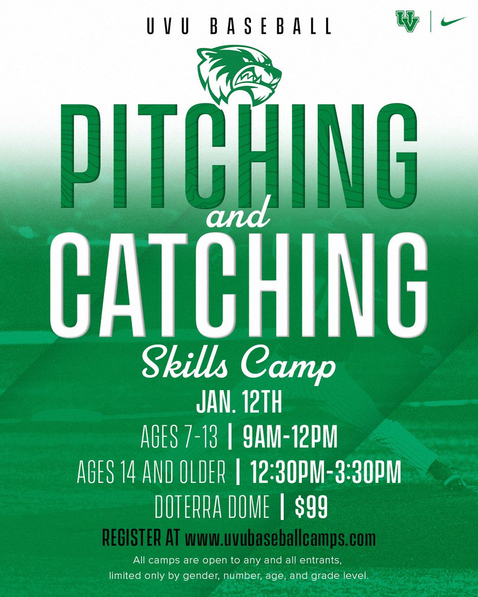 🚨Pitchers and Catchers🚨 
Don’t miss your opportunity to work with the UVU coaching staff before your season starts! Registration is now open! 
Come to the Valley…#Reachthepeak🏔️📈🏔️