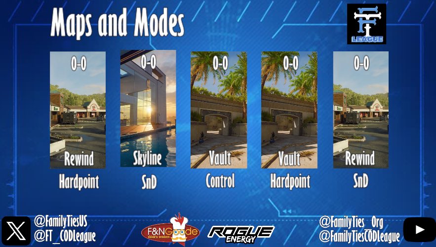 Official Maps and Modes for 

Goon vs The Codoisseurs!

Does Goon reach 2-0 or do the Codoisseurs stop them in their tracks? 👀

Stream starts in 30 on Twitch.tv/KevSoJuicy_

This match is brought to you by F&amp;N Goode Chick’n Tenders. Real Chicken. Real Fast. Real Goode!
