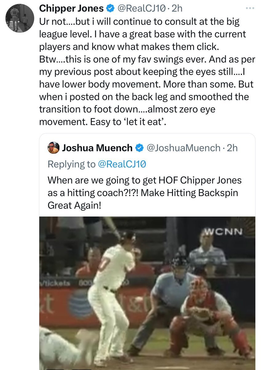 ChezWhizzz's tweet photo. “But when I posted on the back leg and smoothed the transition to foot down…”

If the pitcher disrupts your control of your weight distribution and crashes your foot down transition… You bleed out all your stored energy and your adjustability is shot.

High level adjustability originates in controlling the transition to foot down.

This is always wildly misinterpreted because so many people are tired of hearing “get your foot down!” and associate that with a lack of pop and a lack of athleticism.

That tends to ignore the stability in the legs that is created from posting on the back leg and THE STRETCH that is stored up from the stride phase against it.

The stretch against the posted leg can yield tremendous pop that people will not appreciate until they learn and trust it.

Yeah, just getting your foot down on time won’t help you if you’ve got to then muscle up from there and swing. That type of teach no doubt robbed many a cookie cut hitter of their potential for many years.