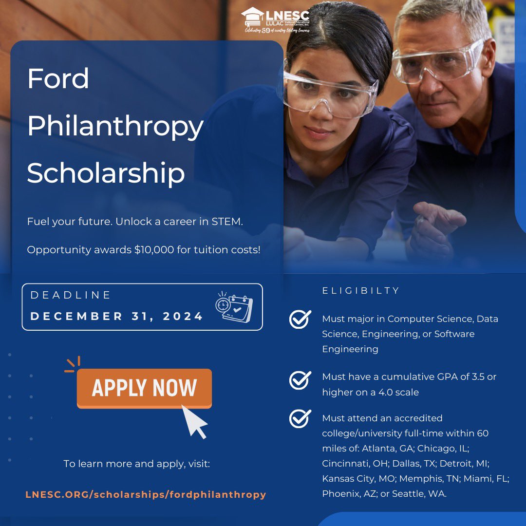 🚨 Deadline Dec 31! $10K Ford Philanthropy STEM Scholarship 🌟 STEM majors | GPA: 3.5+ | Full-time students within 60 miles of select U.S. cities

Want to learn more and apply? Visit: LNESC.org/scholarships/f…

#STEMscholarship #FordPhilanthropy #ScholarshipAlert #STEM #AutoTech