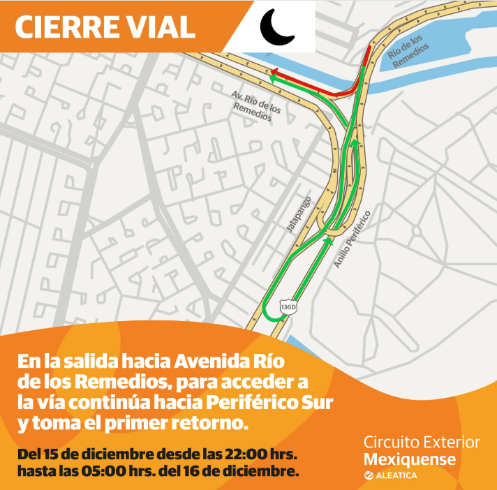 aleaxion_mx's tweet photo. Cierre por mantenimiento del @Circuito_mx  en la salida a Periférico rumbo al Aeropuerto Internacional Benito Juárez.
 📆 Del 14 de diciembre, desde las 22:00 hrs. hasta las 05:00 hrs. del 15 de diciembre. #PlanificaTuRuta. https://t.co/2Wfvnw8Yq5