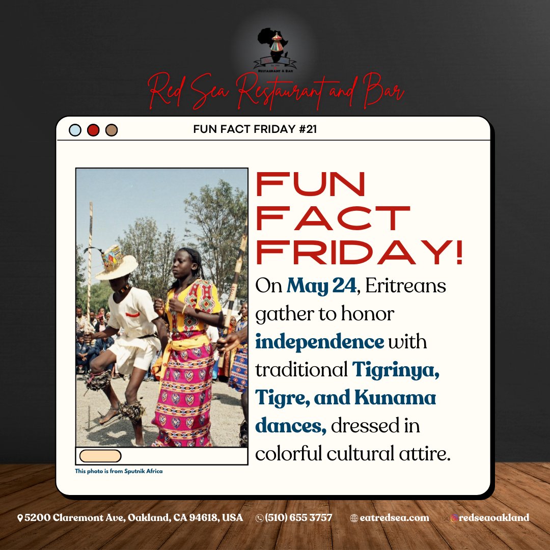 𝙁𝙐𝙉 𝙁𝘼𝘾𝙏 𝙁𝙍𝙄𝘿𝘼𝙔!
💭 𝐃𝐢𝐝 𝐲𝐨𝐮 𝐤𝐧𝐨𝐰 𝐭𝐡𝐚𝐭...🤔🫚🥵
✨ On May 24, Eritreans celebrate independence with vibrant Tigrinya, Tigre, and Kunama dances in colorful cultural attire! 🕺🎶💃

#IndependenceDay #redsea #oakland #california #oaklandca