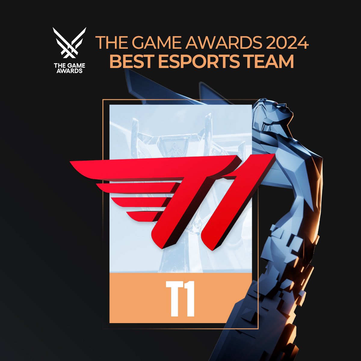 T1LoL's tweet photo. THE GAME AWARDS 2024: BEST ESPORTS TEAM

팬 분들과 함께 만들어낸 Best Esports Team 상!
이 상은 팬 여러분을 위한 것입니다.👍

We will never win this award without our fans.
This award is all thanks to the fans.👍

#T1WIN #T1Fighting #TheGameAwards