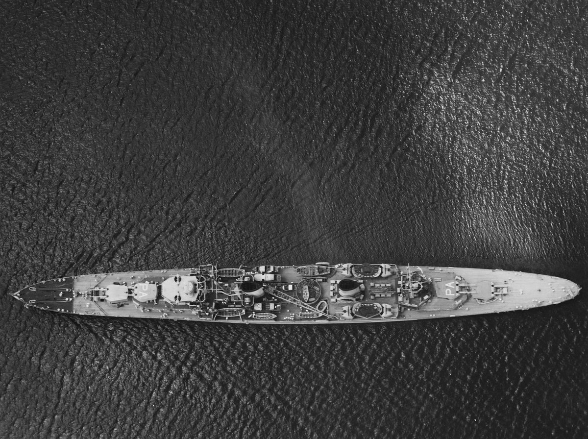 Overhead view of HMAS Perth (D29), passing through Gatun Lake in the Panama Canal, 2 March 1940. 
Source: U.S. Navy Naval History and Heritage Command (ID: NH 57861)