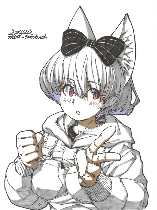 【アナログ2225:病院で描いたシノっち】寒い時期の店番中。#モノクロ #狐娘 #出先絵 