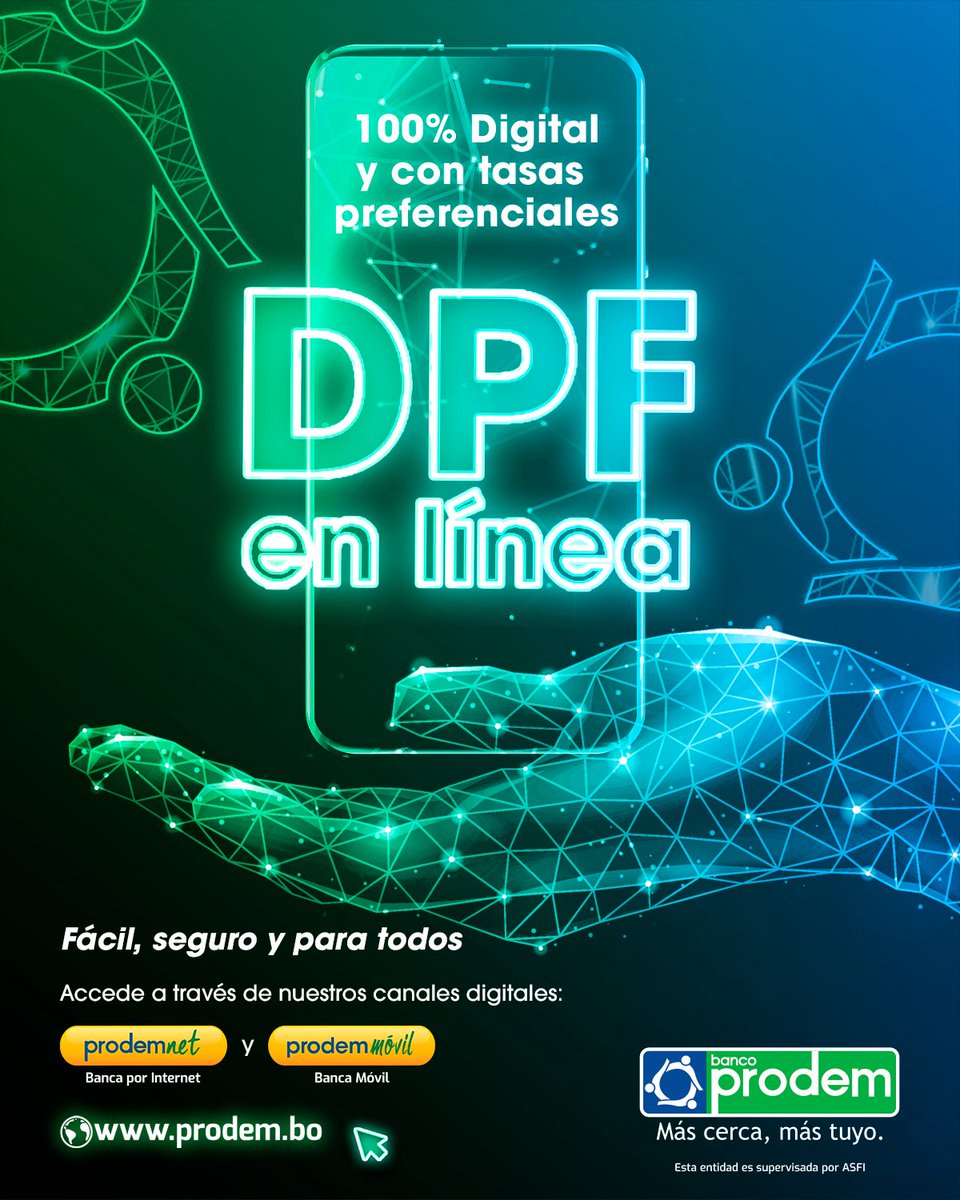 📲 Ingresa a nuestra plataforma en línea, sigue unos simples pasos y empieza a disfrutar de los beneficios de un Depósito a Plazo Fijo. 💚💙 Haz crecer tu dinero con Banco Prodem. ¡Es rápido, seguro y conveniente!
bit.ly/DPFBanProdem #AhorroInteligente #DPFEnLínea