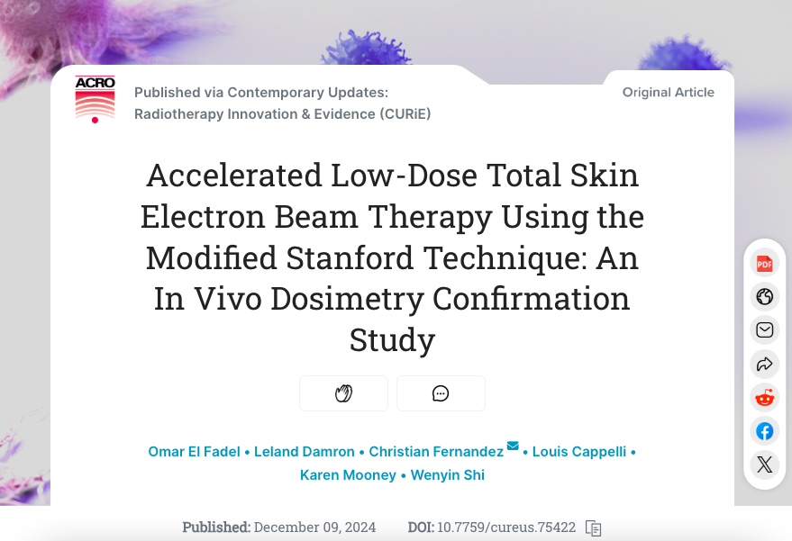 ACRORadOnc's tweet photo. #CURiEAlert: "Accelerated Low-Dose Total Skin Electron Beam Therapy Using the Modified Stanford Technique" by ACRO members Drs. Omar El Fadel &amp; Louis Cappelli w/ Drs. Leland Damron, Christian Fernandez, Karen Mooney &amp; Wenyin Shi is now published on #CURiE: https://t.co/TH5hQf4NCf https://t.co/104lDkiIc3