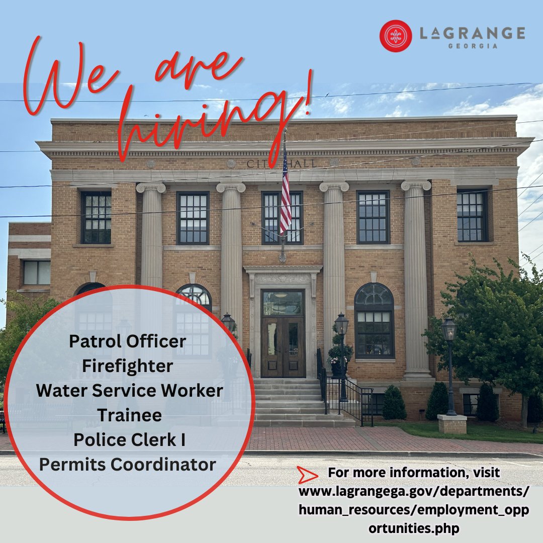 Are you looking for a job? The City of LaGrange currently has several openings. Below are the openings as of 12/1/24. For more information visit: lagrangega.gov/.../employment…

#jobs #LagrangeGa #wearehiring #CityInspired