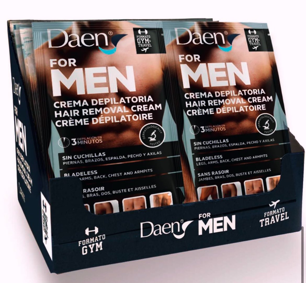 Nuestro formato de #depilación #masculina gym/viaje se presenta en un pack indivisible con dos sachets de crema de 20ml cada uno, fácilmente transportable. A su confort añade la eficacia de una fórmula que actúa en 3 minutos, que es totalmente indolora y que se retira con agua 😍