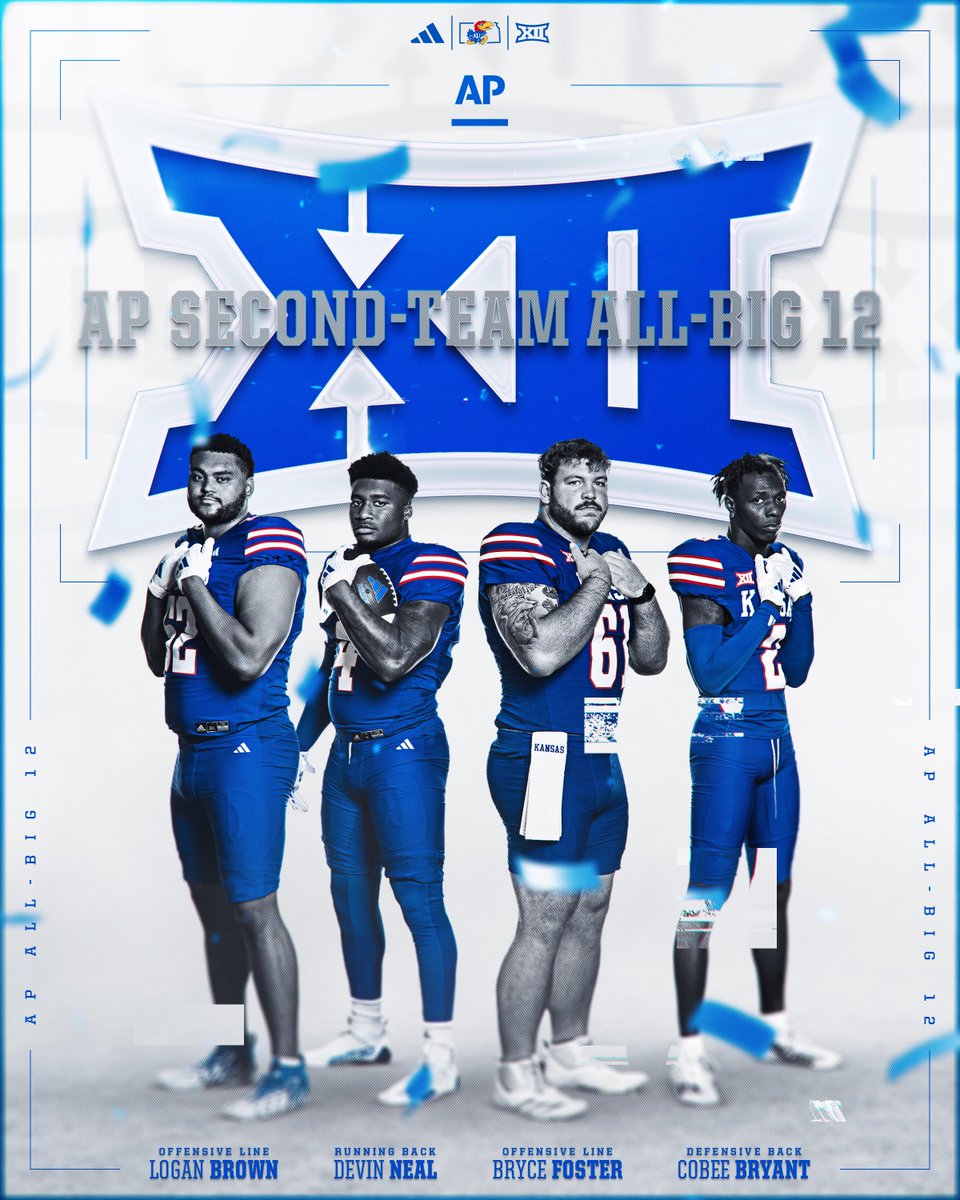 Kansas Football (@ku_football) on Twitter photo AP SECOND-TEAM ALL-BIG 12 🔴🔵
<a href="/loganbrown53/">Logan Brown</a> <a href="/Dev_Neal23/">Devin Neal💨</a>
<a href="/BryceFoster5/">Bryce Foster</a> <a href="/cobeebryant2/">Cobee</a>
🔗→ bit.ly/AP-All-Big12 AP SECOND-TEAM ALL-BIG 12 🔴🔵
<a href="/loganbrown53/">Logan Brown</a> <a href="/Dev_Neal23/">Devin Neal💨</a>
<a href="/BryceFoster5/">Bryce Foster</a> <a href="/cobeebryant2/">Cobee</a>
🔗→ bit.ly/AP-All-Big12