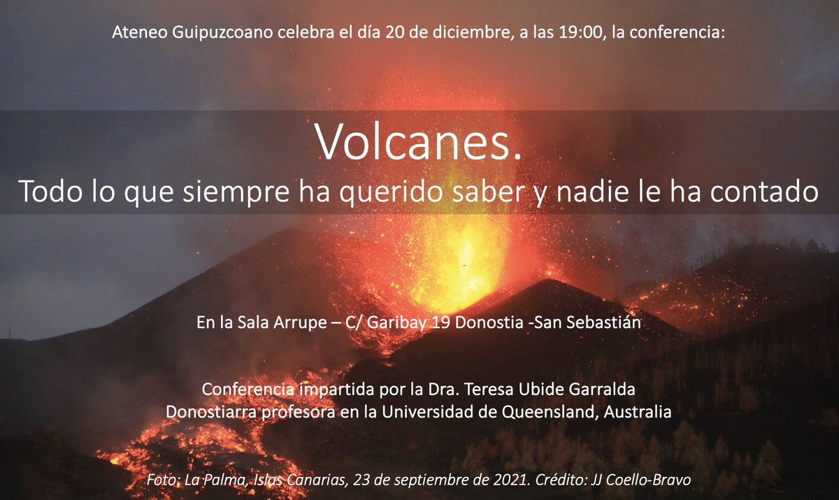 Look forward to giving this public talk at home - in San Sebastián!! 🥰🌋
Come along to hear everything about volcanoes (in Spanish!)!

Qué ganas de dar esta charla de vuelta en casa la semana que viene!! 
#Volcanes 🥰🌋para todas las edades!
20 diciembre 19h Garibay 19 Donosti!