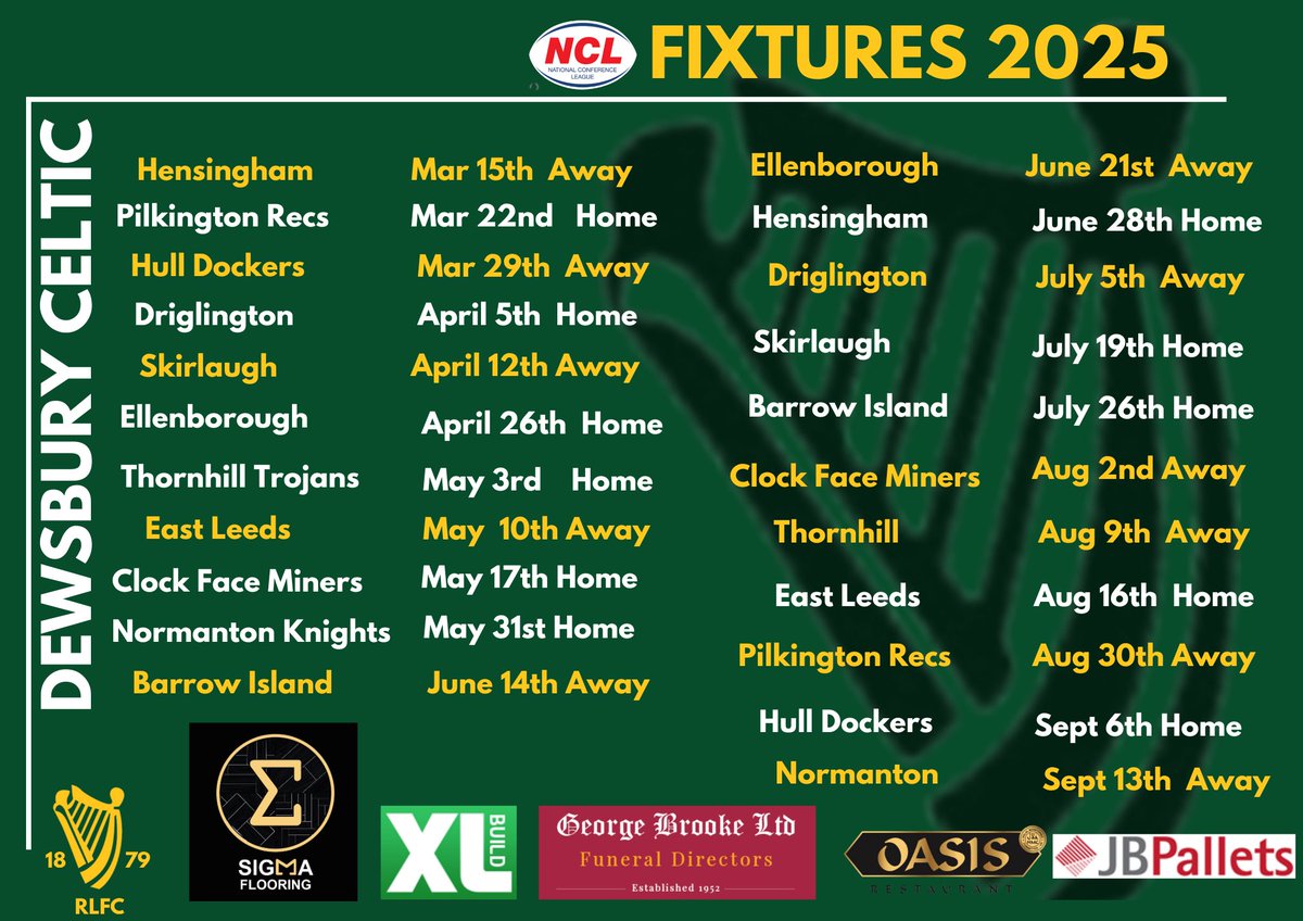 CelticRlfc's tweet photo. ☘️☘️ Our Open Age @OfficialNCL fixtures have been released for the 2025 season. Some great games and some big local derbies!! ☘️☘️ #UpTheCelts #DewsburysGreenAndWhite https://t.co/mGCvknpceF