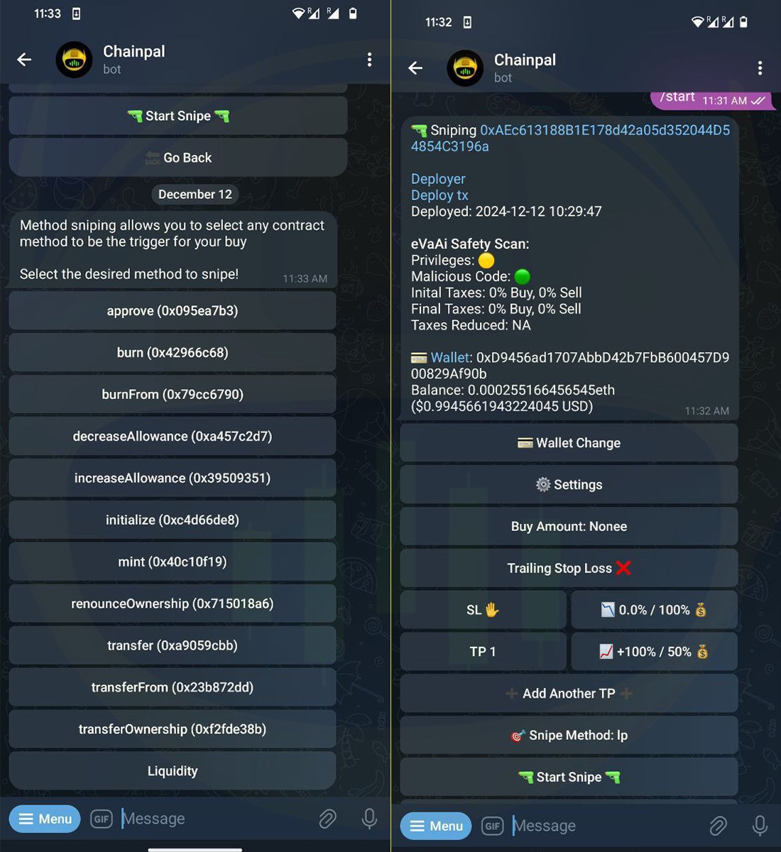 We are proud to finally announce the release of our Method Snipe feature 🎯. Now you can set snipes for Renounce ownership, tax reductions, lp locks, limits removed functions for advanced trades! 

We have also integrated @EVA_AI_2024 right into the very core of the Sniper