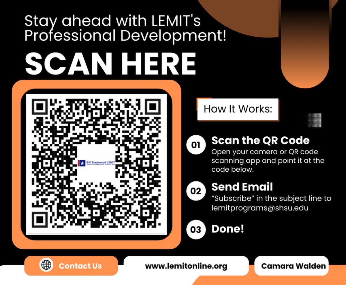 🚨 Stay ahead in your career with LEMIT's Professional Development Programs! 🚨

📌 Quick &amp; Easy Step:
Send an email with "Subscribe" in the subject line to lemitprograms@shsu.edu.

You're all set to stay updated with our latest programs and resources!

📲lemitonline.org