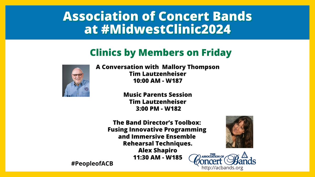 Going to the <a href="/midwestclinic/">The Midwest Clinic</a>?  Check out these clinics by our members.  #PeopleofACB #midwest #concertband