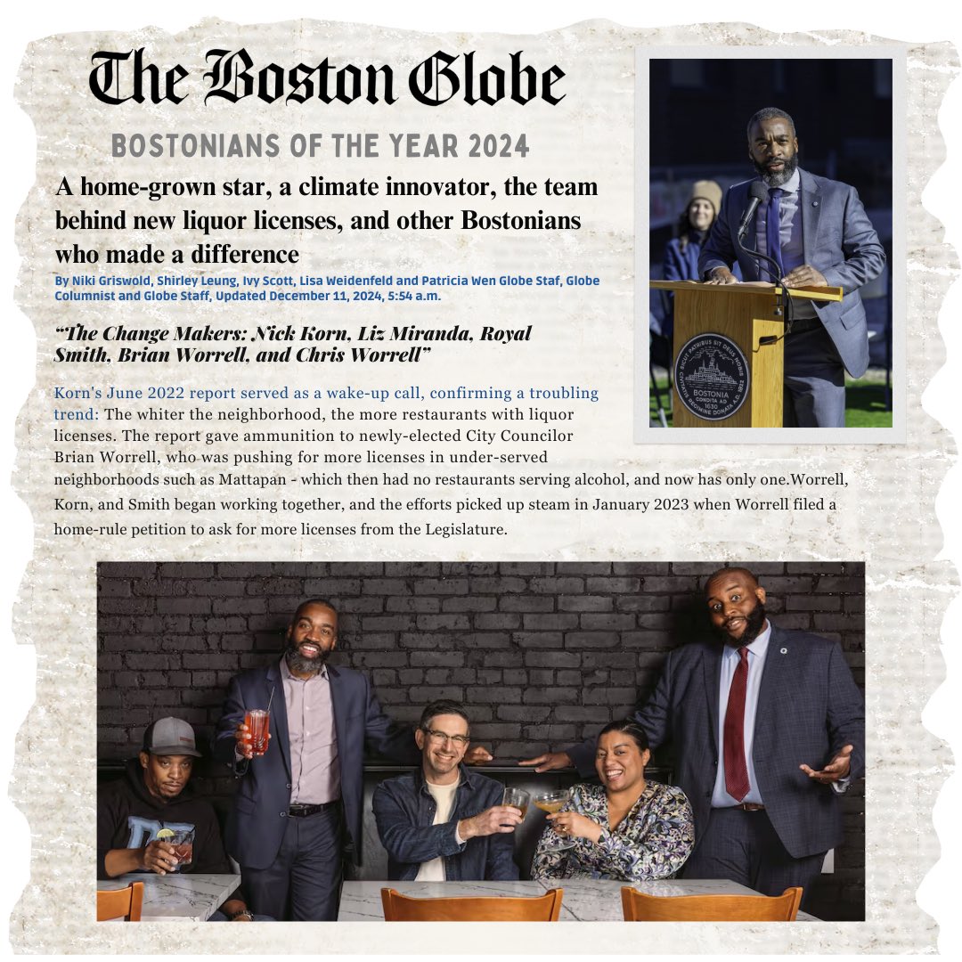 Honored to be named one of the <a href="/BostonGlobe/">The Boston Globe</a> Bostonians of the Year! 🙏🏾 Grateful for the coalition behind 225 new liquor licenses, driving equity &amp; opportunity in Boston’s neighborhoods. 💪🏾