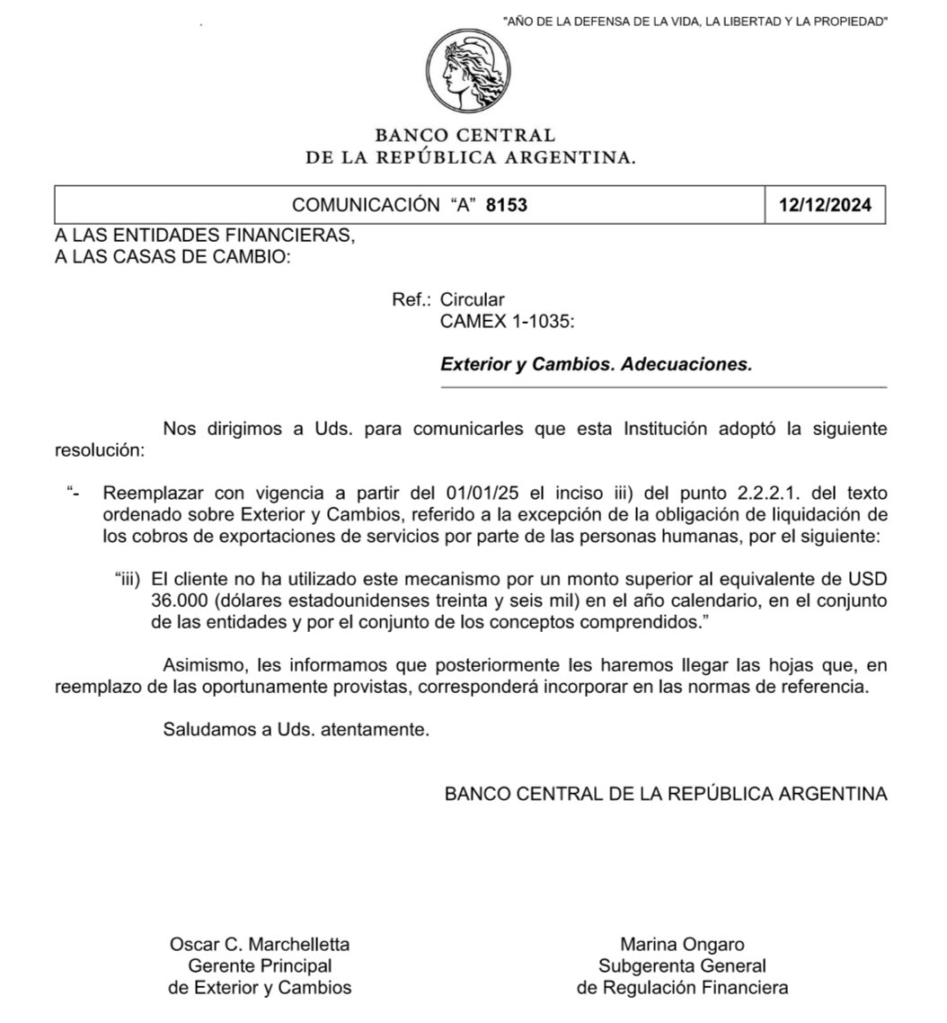 🚨🚨🚨 Flexibilizan el cepo al dólar a freelancers: BCRA aumentó el límite para ingresar divisas del exterior

🔹 El tope para liquidar las divisas por exportación de servicios, pasa de 24.000 a 36.000 dólares anuales