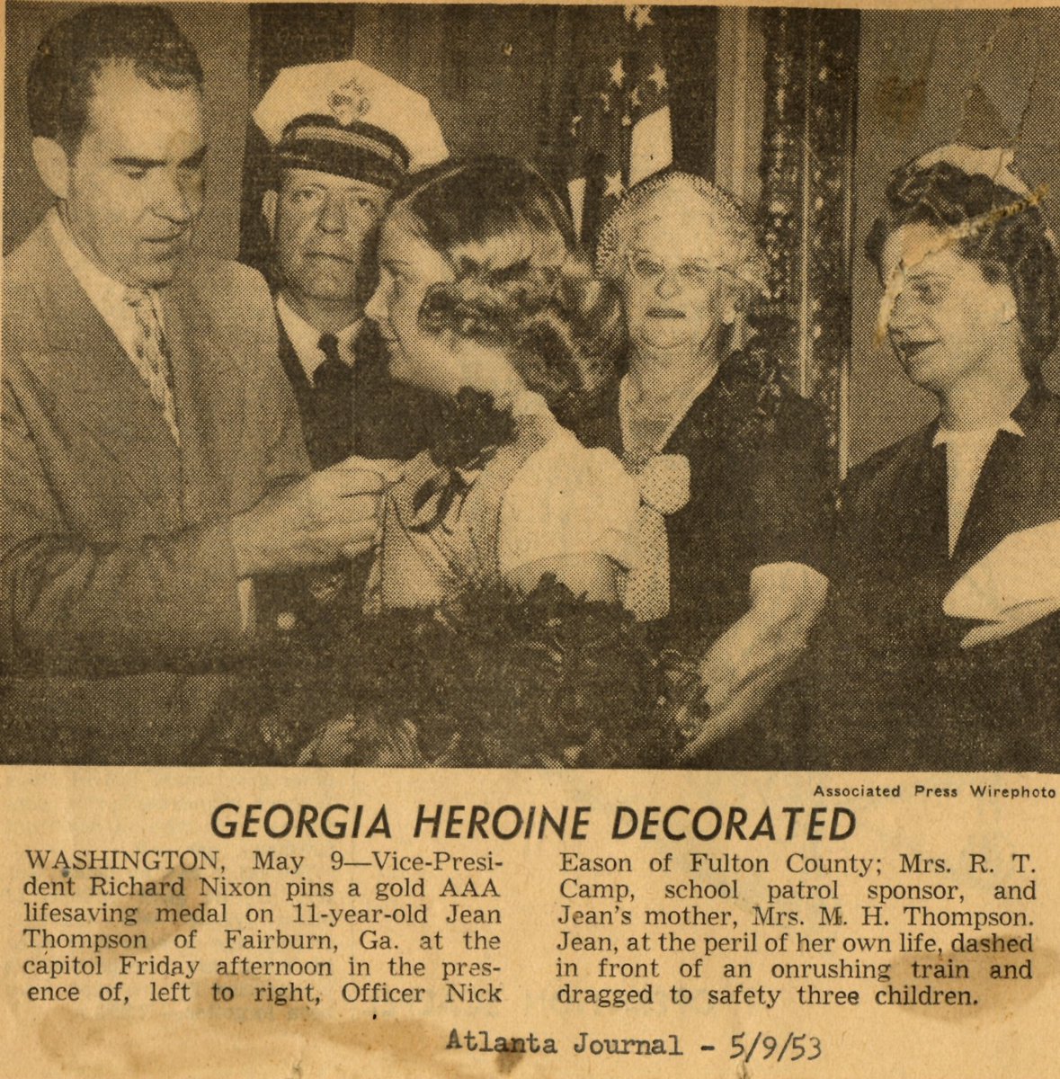 FCS Archives (@fcsarchives) on Twitter photo A heroine is honored at the capitol. 11-year old Jean Thompson receives a medal from the vice president - 1953. You can find more stories like this at fultonschools.org/all-department… <a href="/teachingmuseum/">FCS Teaching Museum</a> <a href="/FCSocialStudies/">Fulton County Social Studies</a> <a href="/LOCTPSatWU/">TPS Eastern Region</a> <a href="/EricaFox_EdD/">Erica Fox, Ed.D</a> <a href="/GA_Archivists/">SGA</a> A heroine is honored at the capitol. 11-year old Jean Thompson receives a medal from the vice president - 1953. You can find more stories like this at fultonschools.org/all-department… <a href="/teachingmuseum/">FCS Teaching Museum</a> <a href="/FCSocialStudies/">Fulton County Social Studies</a> <a href="/LOCTPSatWU/">TPS Eastern Region</a> <a href="/EricaFox_EdD/">Erica Fox, Ed.D</a> <a href="/GA_Archivists/">SGA</a>