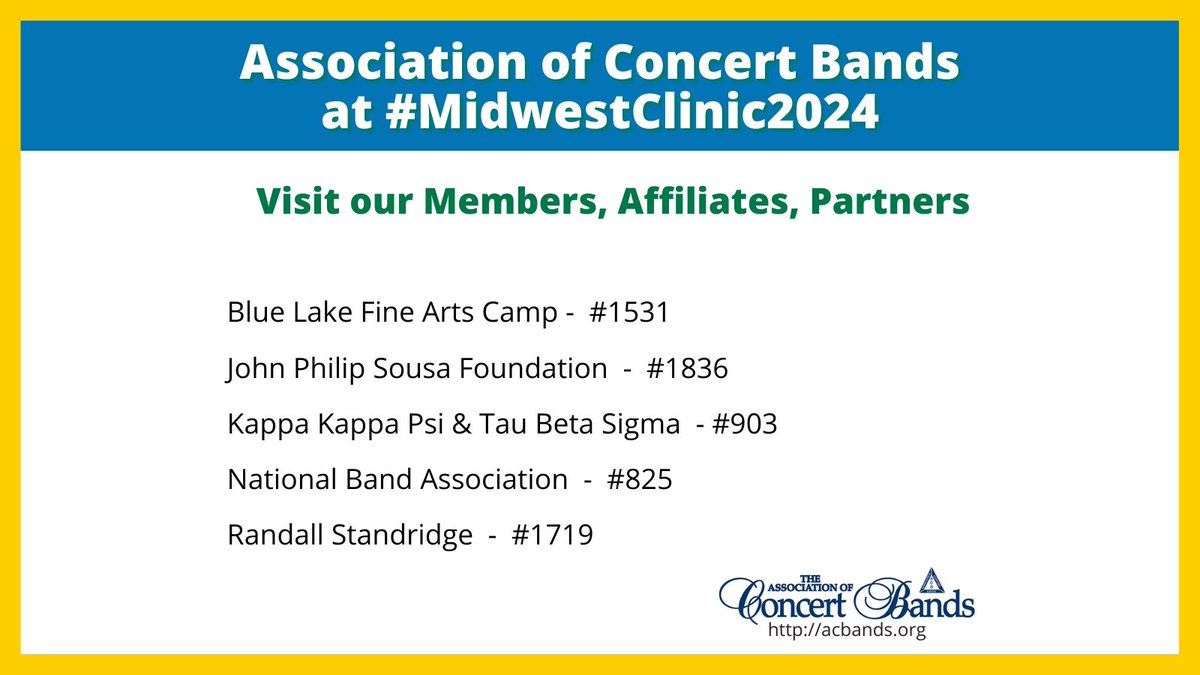 Going to the <a href="/midwestclinic/">The Midwest Clinic</a> - visit us at booth 1642 and our members and affiliates who are also exhibiting. #acbmembers #midwest #concertband