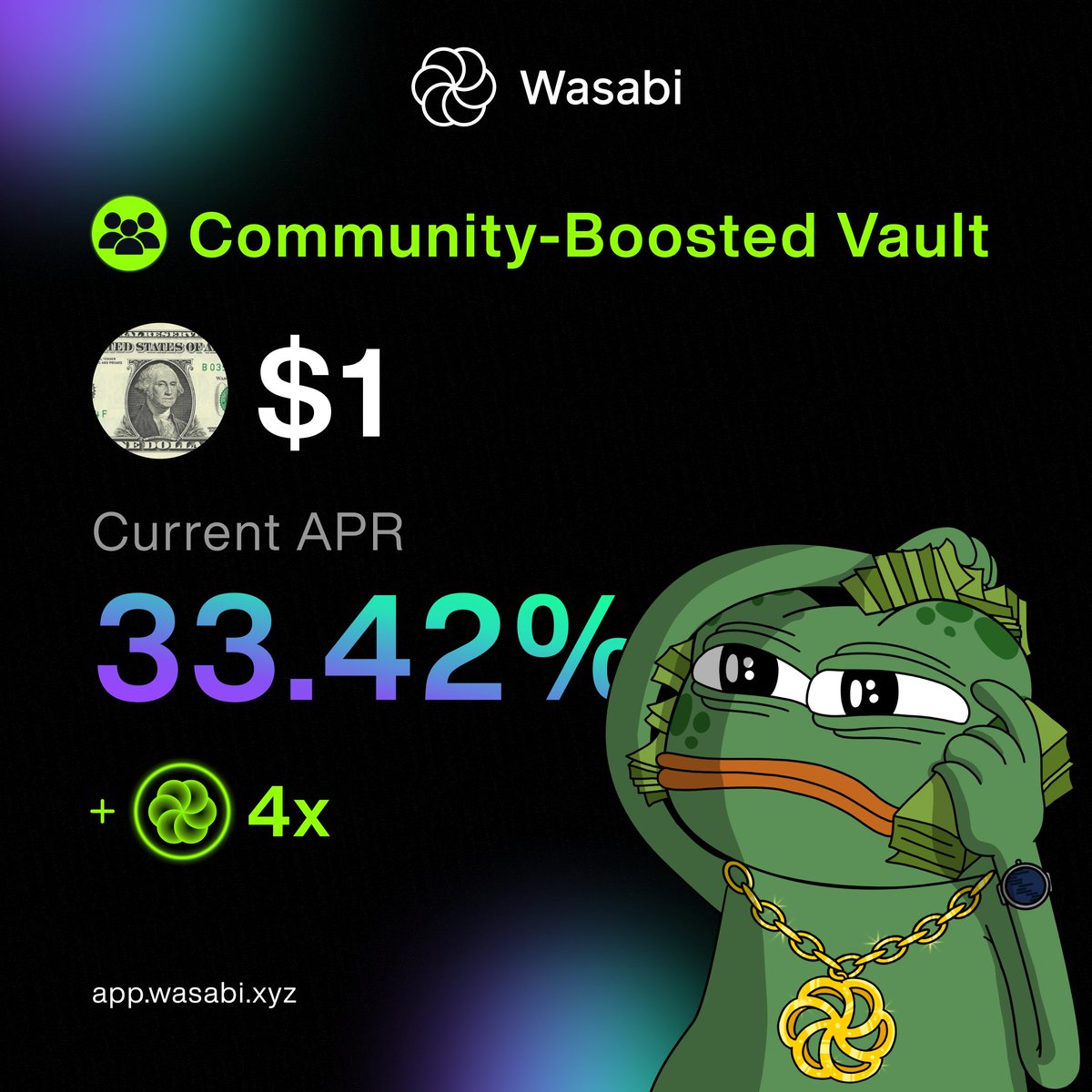 wasabi_protocol's tweet photo. 💰Happy hour for $1 now open 💸

Stake @1DollarSol to earn community boosted yield + trade with up to 3x leverage

Earn a 4x LP points boost for the next 48 hours 🟢

Deposit directly using BLINKs 👇 https://t.co/FuaDBF4n8h