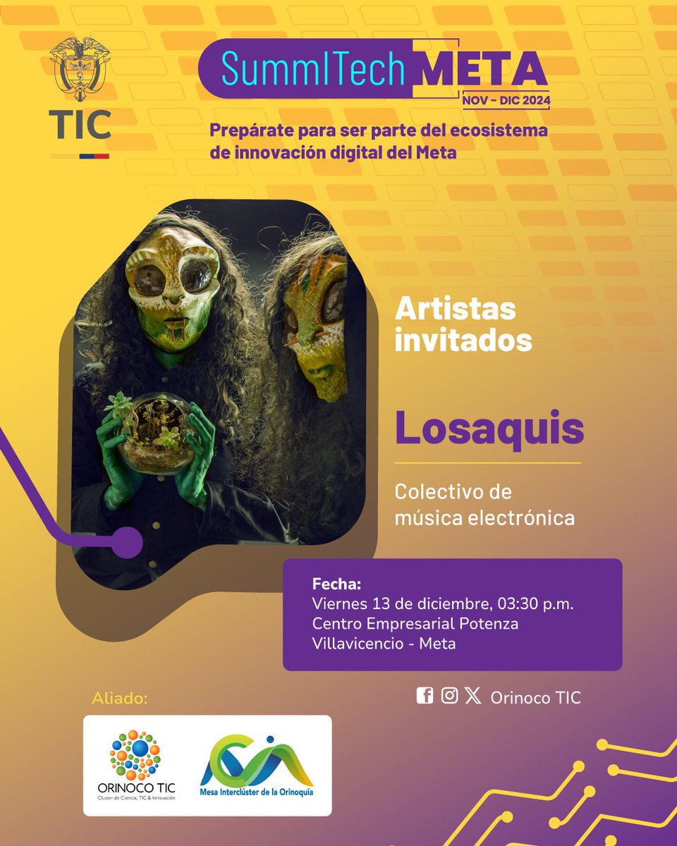 OrinocoTIC's tweet photo. Industrias culturales en #SummITechMeta: En la tarde vibraremos con el dúo de música electrónica #Losaquis. https://t.co/mC8qeXyXct
